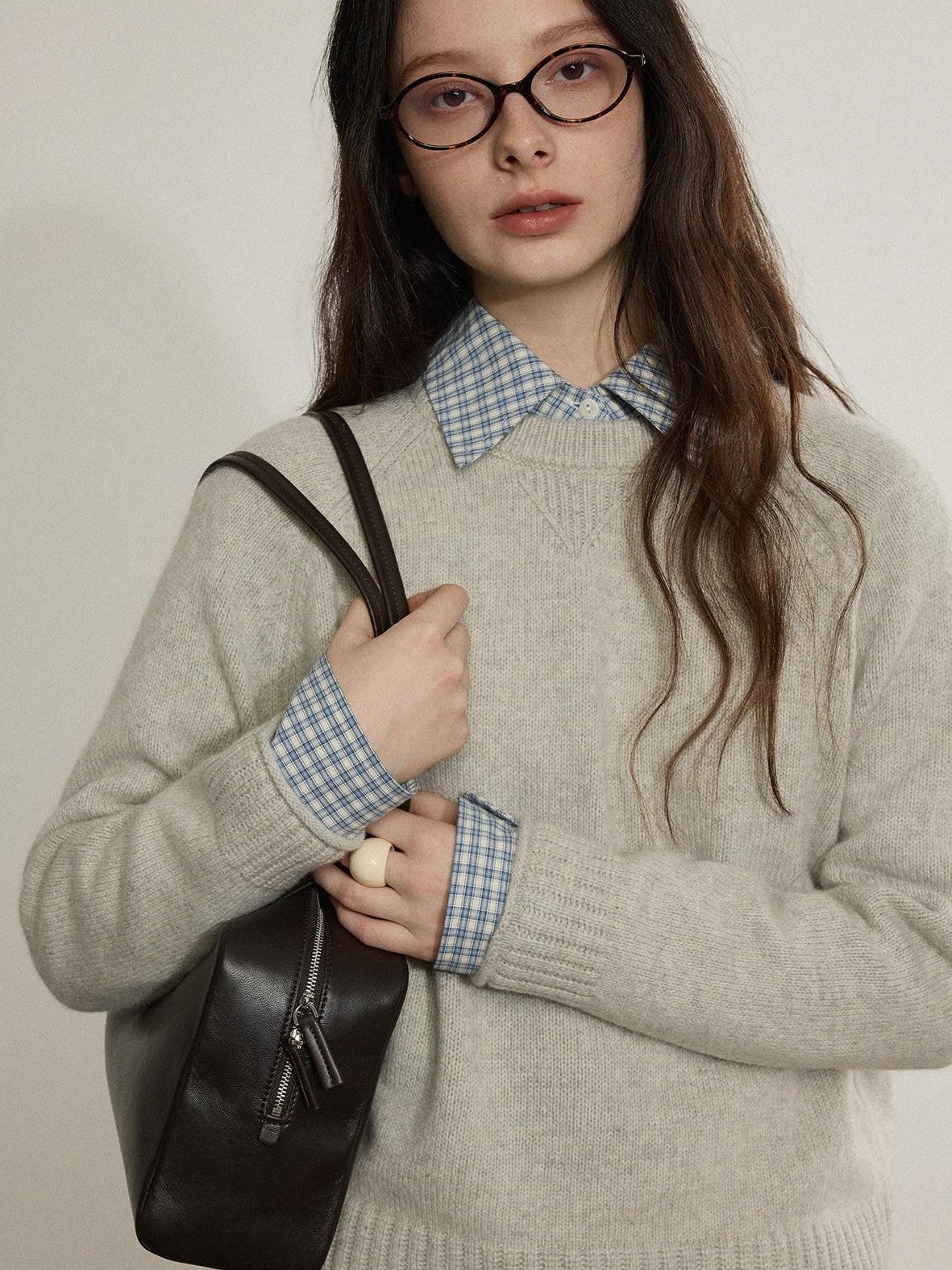 Lofi choose Wool Blend Loose Fit Rolled Hem Commuter Crew Neck Women Light Grey Sweaters
