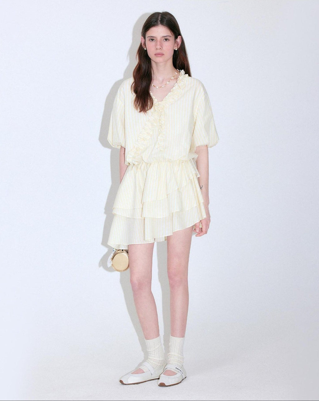 fano Pure Cotton High Waist Ruffle Puff Sleeve V-neck Yellow Striped Midi Dresses