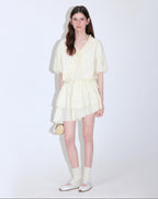 fano Pure Cotton High Waist Ruffle Puff Sleeve V-neck Yellow Striped Midi Dresses