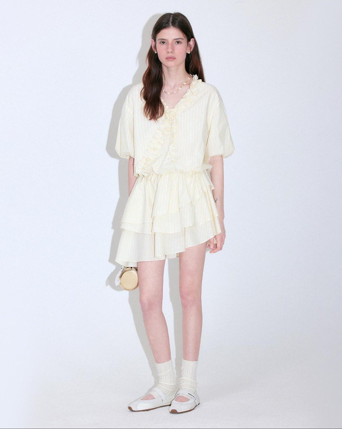 fano Pure Cotton High Waist Ruffle Puff Sleeve V-neck Yellow Striped Midi Dresses