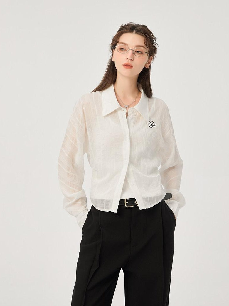 ikyou Uv Protection Lyocell Slim Ruching Stand Collar Embroidered Work Everyday Shirts