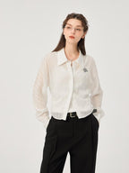 ikyou Uv Protection Lyocell Slim Ruching Stand Collar Embroidered Work Everyday Shirts