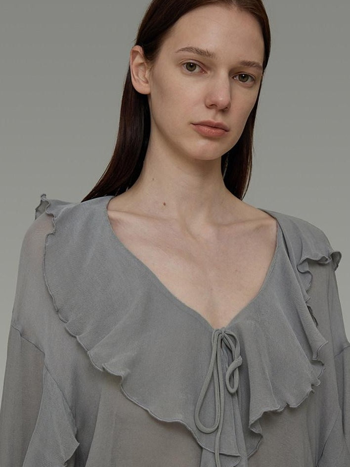 unspoken Breathable V-neck Ruffle Loose Fit Commuter Workwear Women Blue Pullover Blouses