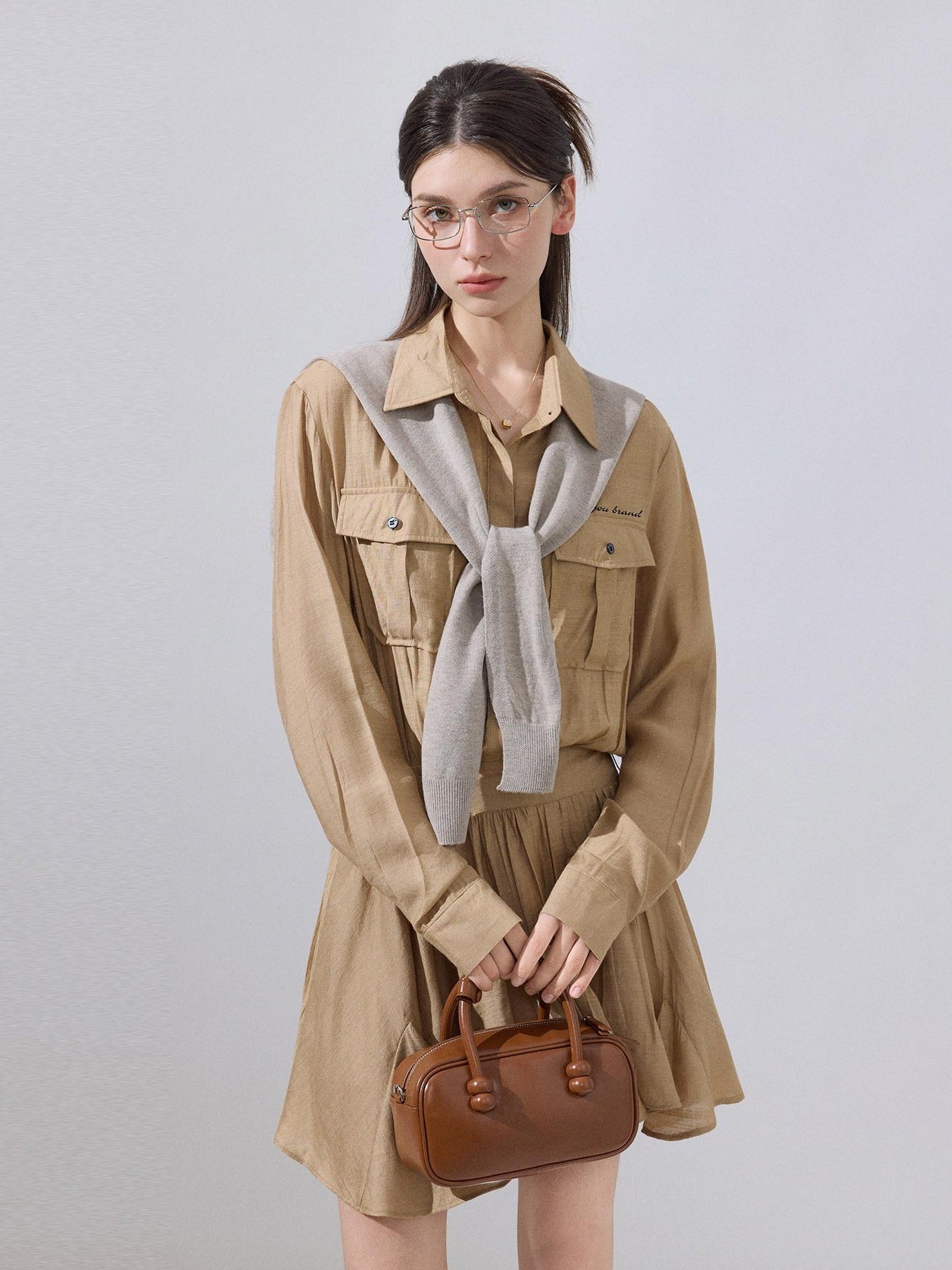 ikyou Cooling Soft Viscose Embroidered A Line Cinched Waist Office Khaki Midi Dresses