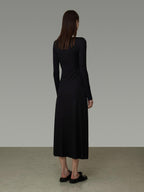 unspoken Slimming High Waist A Line Knit Long Sleeve Workwear Black Women Maxi Dresses