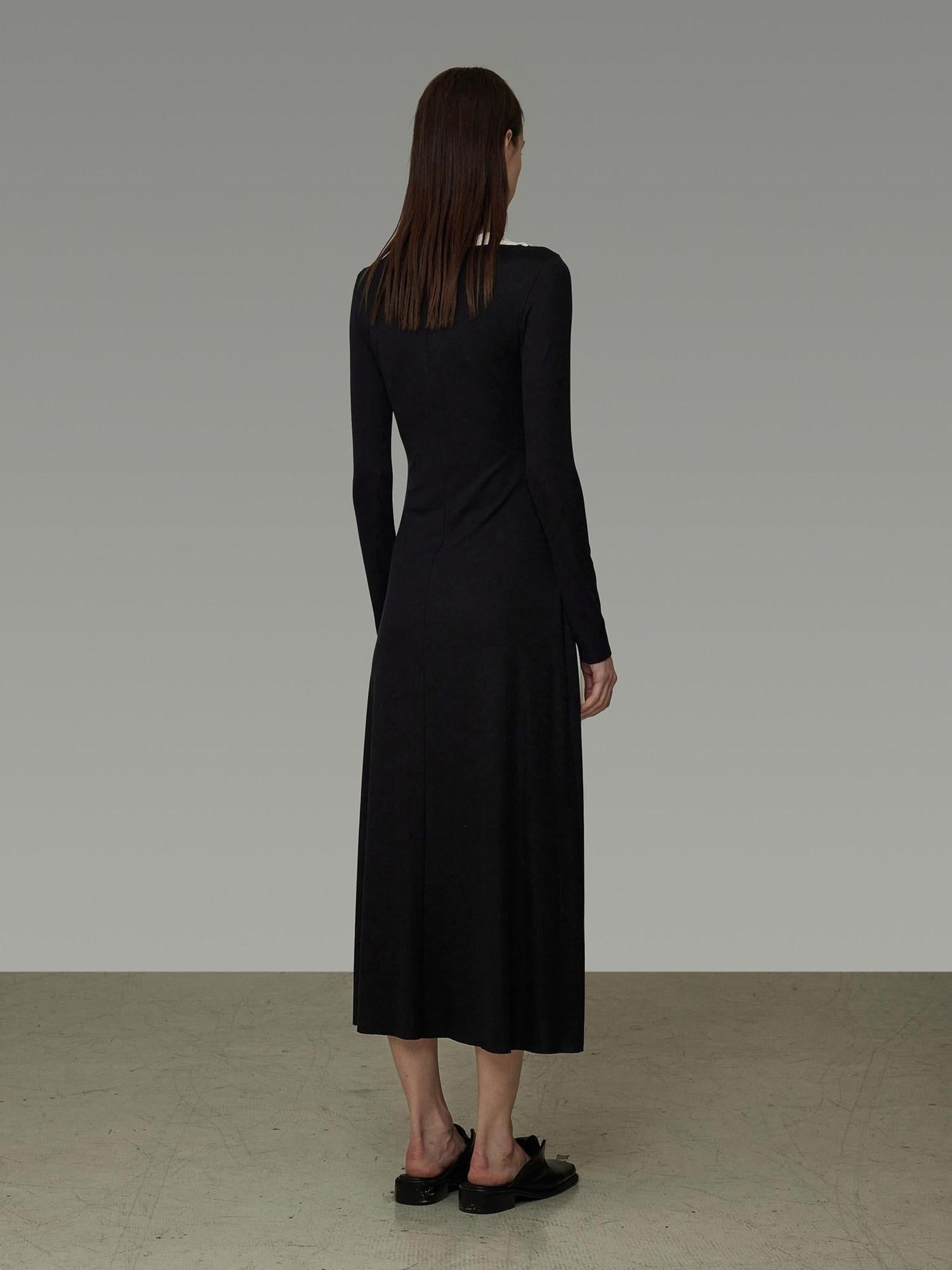 unspoken Slimming High Waist A Line Knit Long Sleeve Workwear Black Women Maxi Dresses