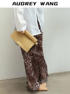 audreyyang Leopard Print Minimal Elastic Waist Natural Rise Commuter Women Wide Leg Pants