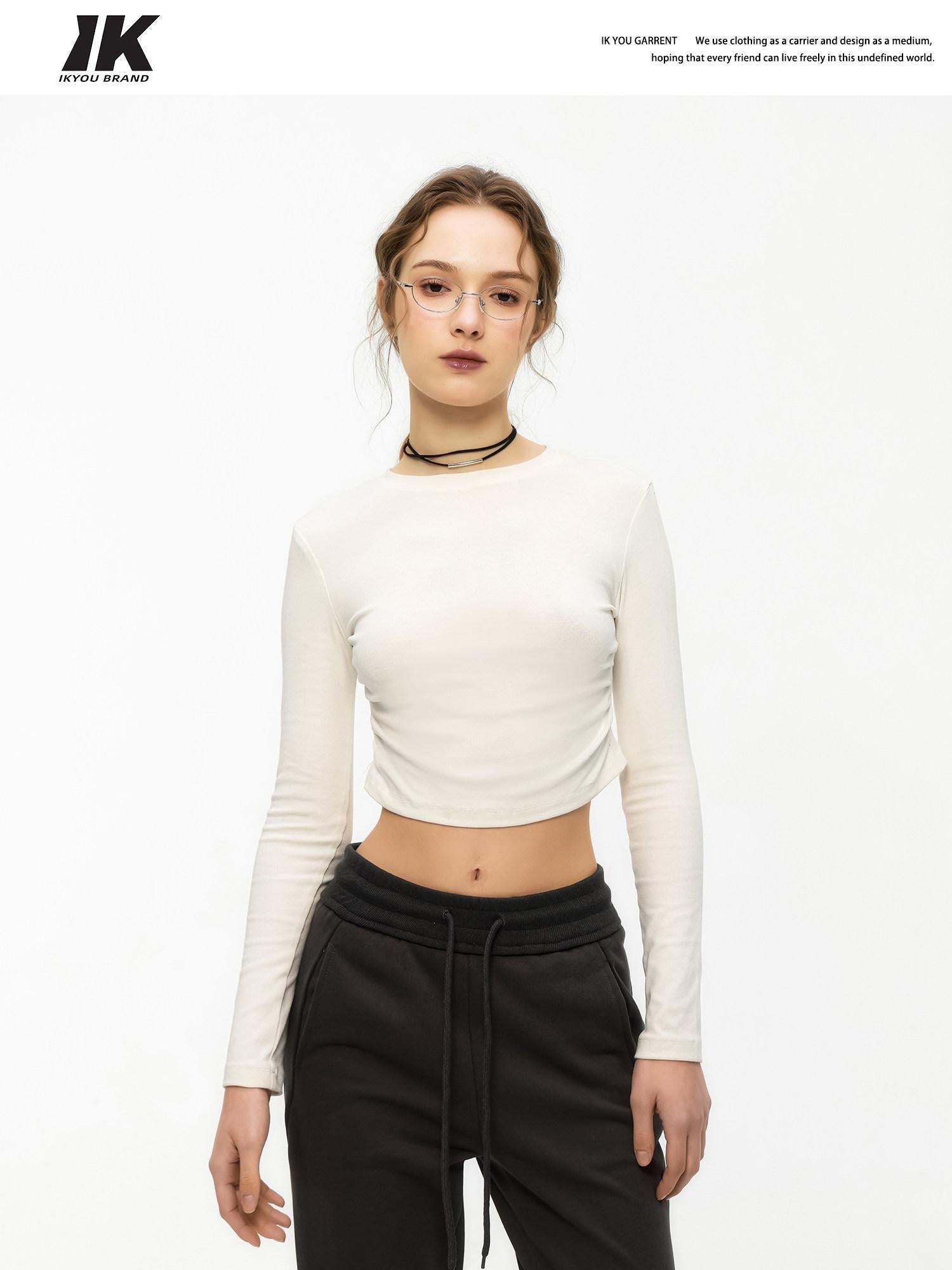 ikyou Slim Drawstring Long Sleeve Combed Cotton Crewneck Black White Basic Crop Tops