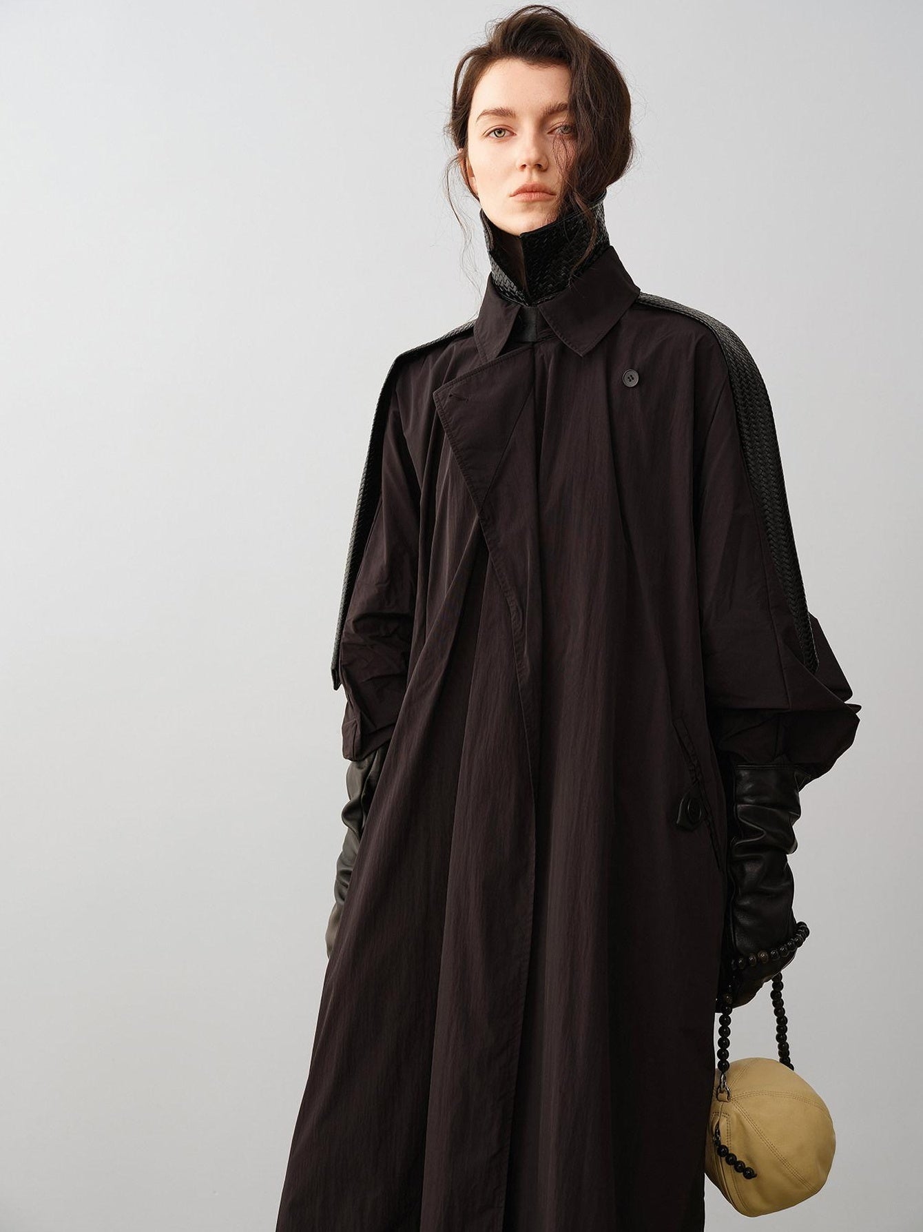 audreyyang Long Polyamide Patchwork Trench Decorative Tabs Women Black Trench Coats