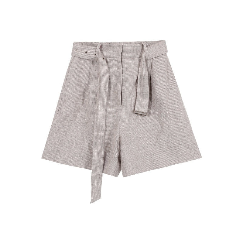 audreyyang_Pure_Linen_Relaxed_Short_Sleeve_Solid_Casual_Women_Lightweight_Top_&_Shorts_Sets_MISSTT