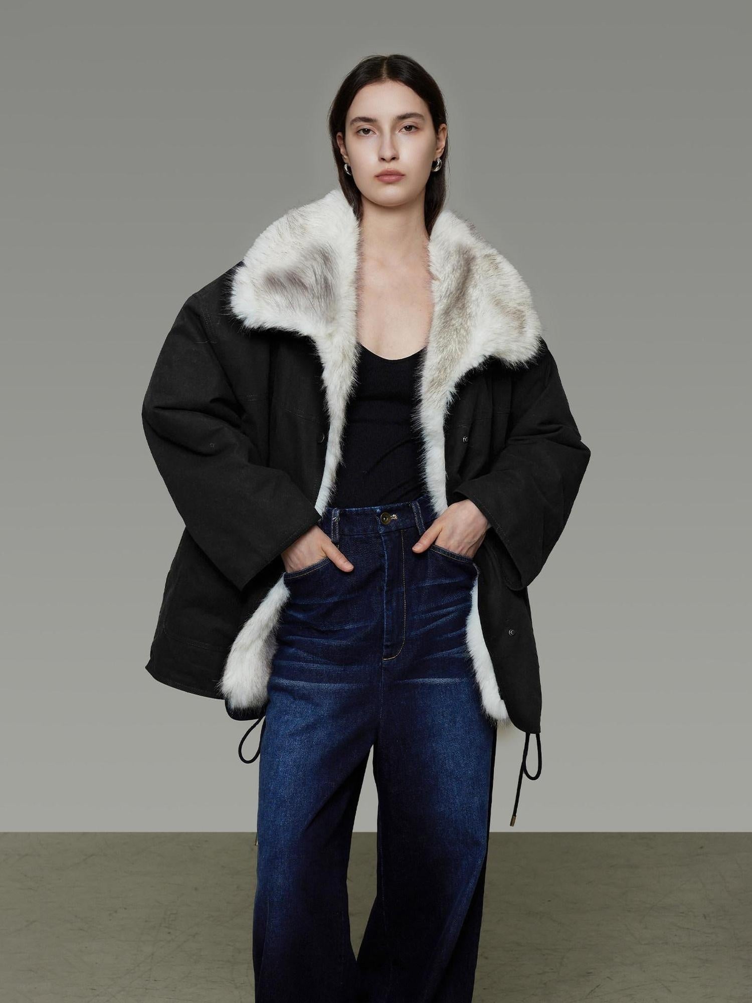 unspoken Fur Lined Thick Minimal Commuter Loose 3D Tailored Cotton Navy Puffer Jackets