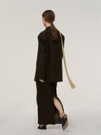 someonesometimes Pocketed Loose Blazer Workwear Women Green Coffee Acrylic Top & Skirt Sets
