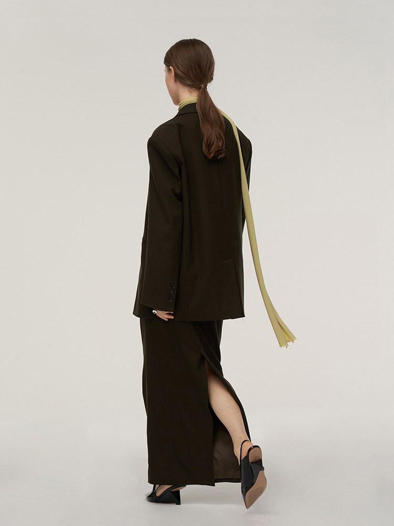 someonesometimes Pocketed Loose Blazer Workwear Women Green Coffee Acrylic Top & Skirt Sets