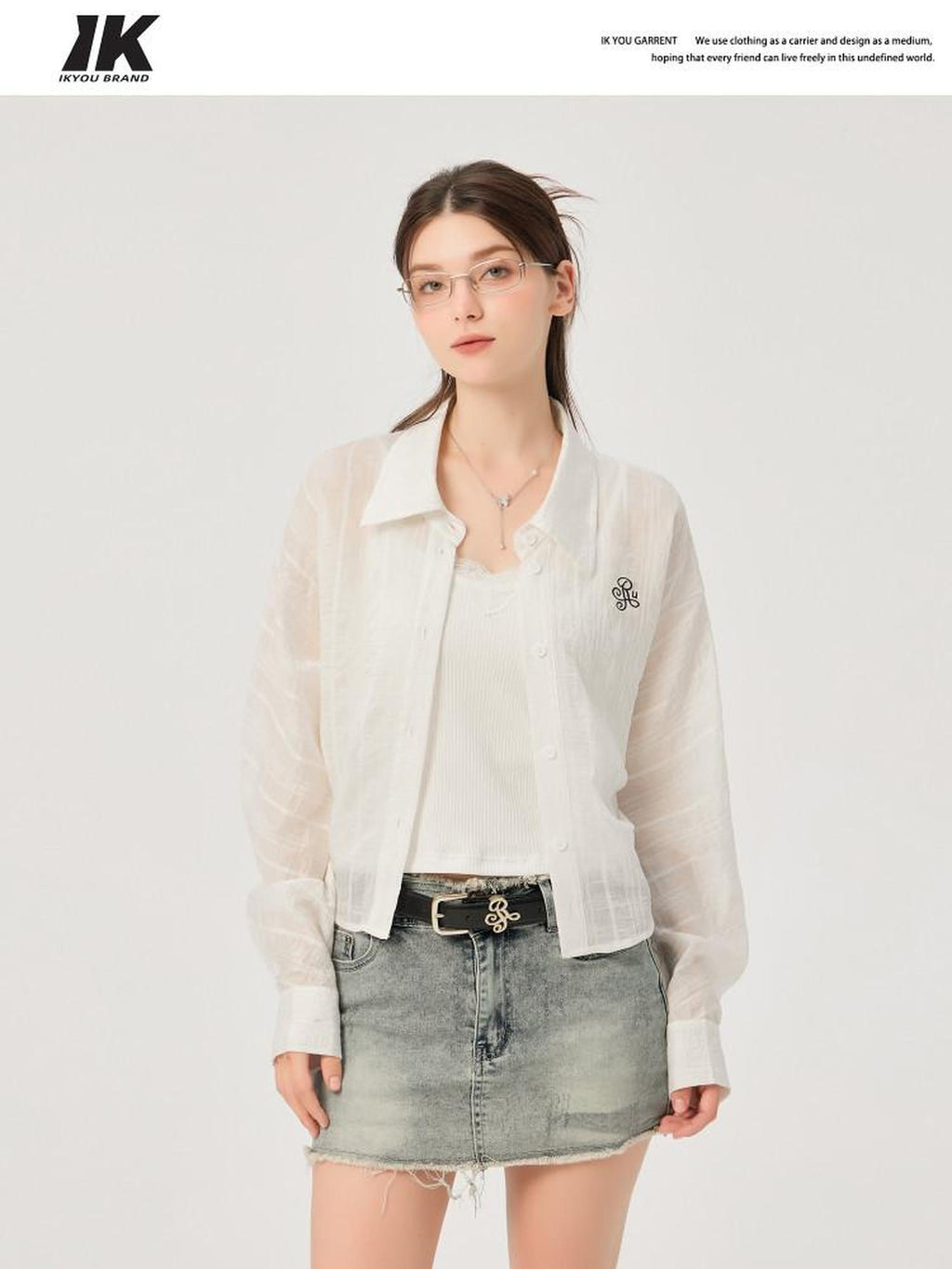 ikyou Uv Protection Lyocell Slim Ruching Stand Collar Embroidered Work Everyday Shirts