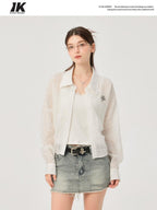 ikyou Uv Protection Lyocell Slim Ruching Stand Collar Embroidered Work Everyday Shirts