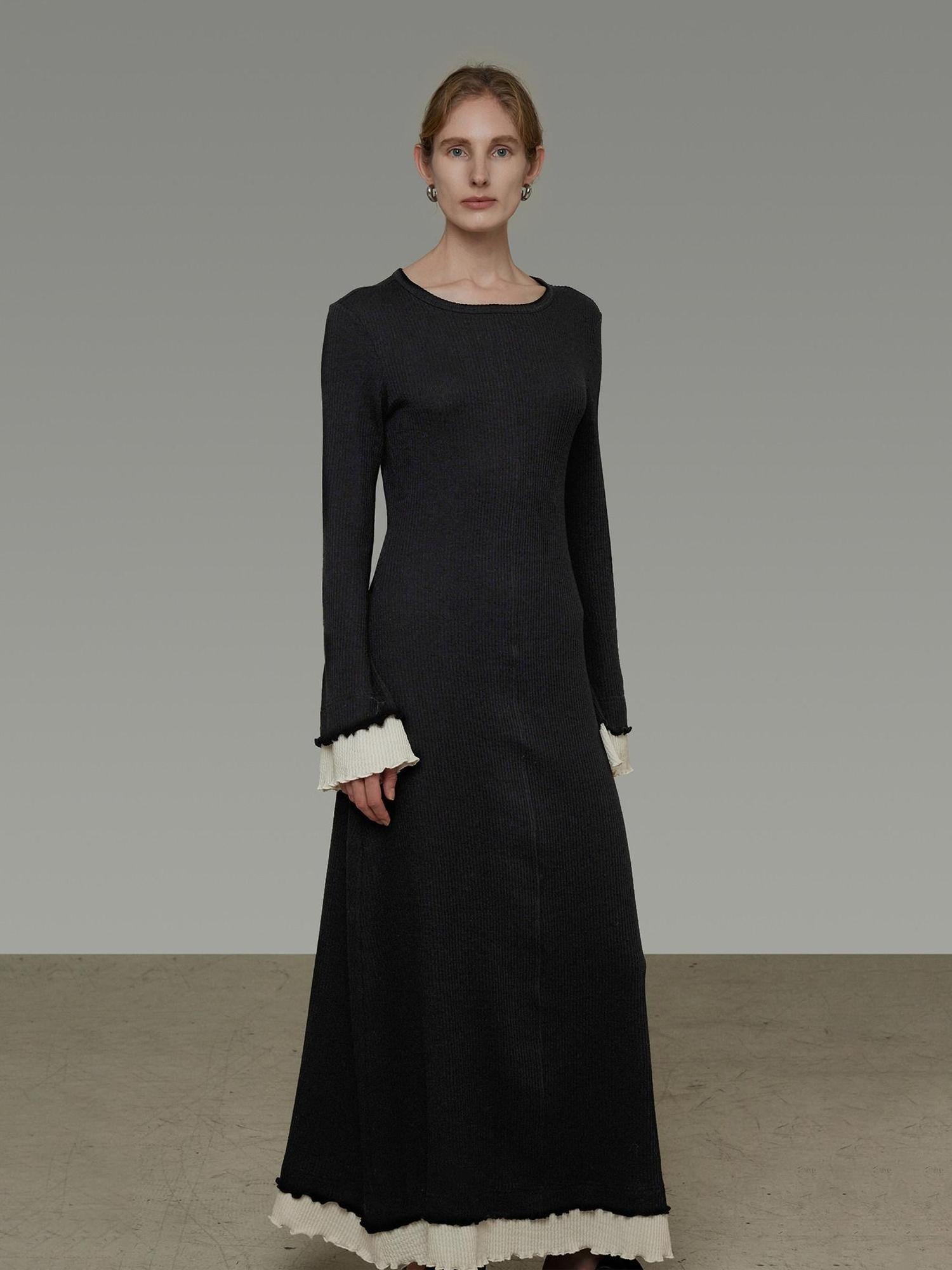 unspoken Slim Waist Colorblock Aline Knit Bell Sleeve Office Women Breathable Maxi Dresses