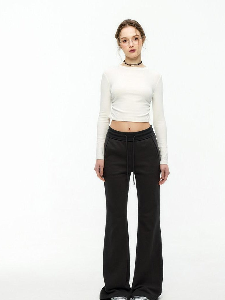 ikyou Minimal Commuter Drawstring Natural Waist Cotton Blend Wrinkle Free Flared Pants
