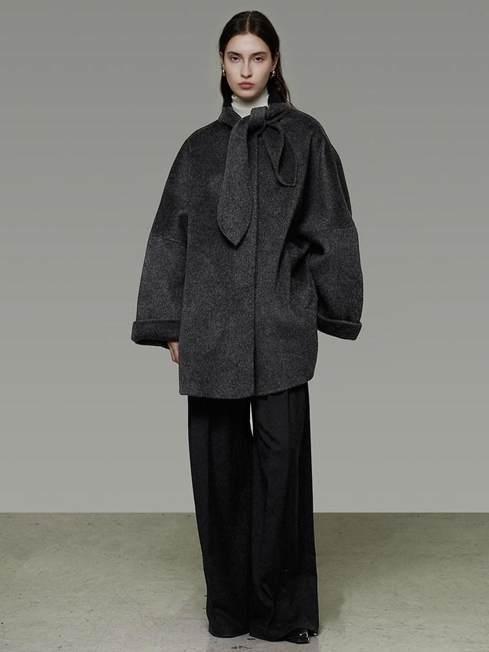 unspoken 100% Sheep Wool Relaxed Fit 3D Tailoring Commuter Women Deep Gray Wool Coats