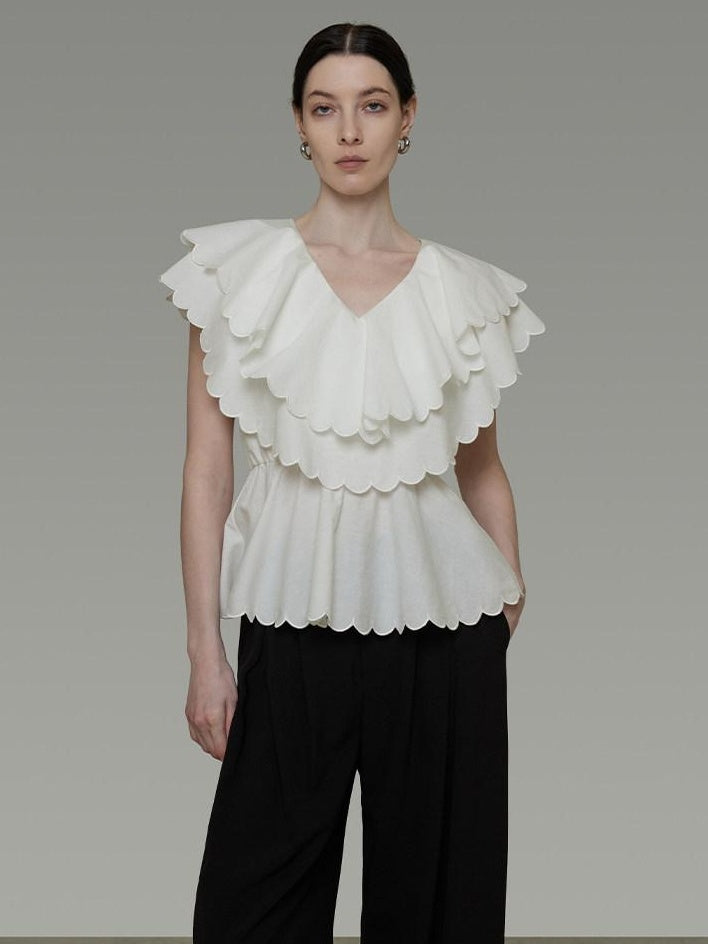 unspoken Breathable Cotton Blend Ruffle Collar Loose Minimal Commuter Women Blouses