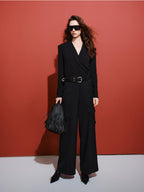 audreyyang Soft Lyocell Blend V-neck Long Sleeve Slim Fit Black Women Midi Dresses