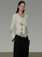 unspoken Soft Cotton Blend Relaxed Fit Floral Print V-neck Long Sleeve Women Blouses