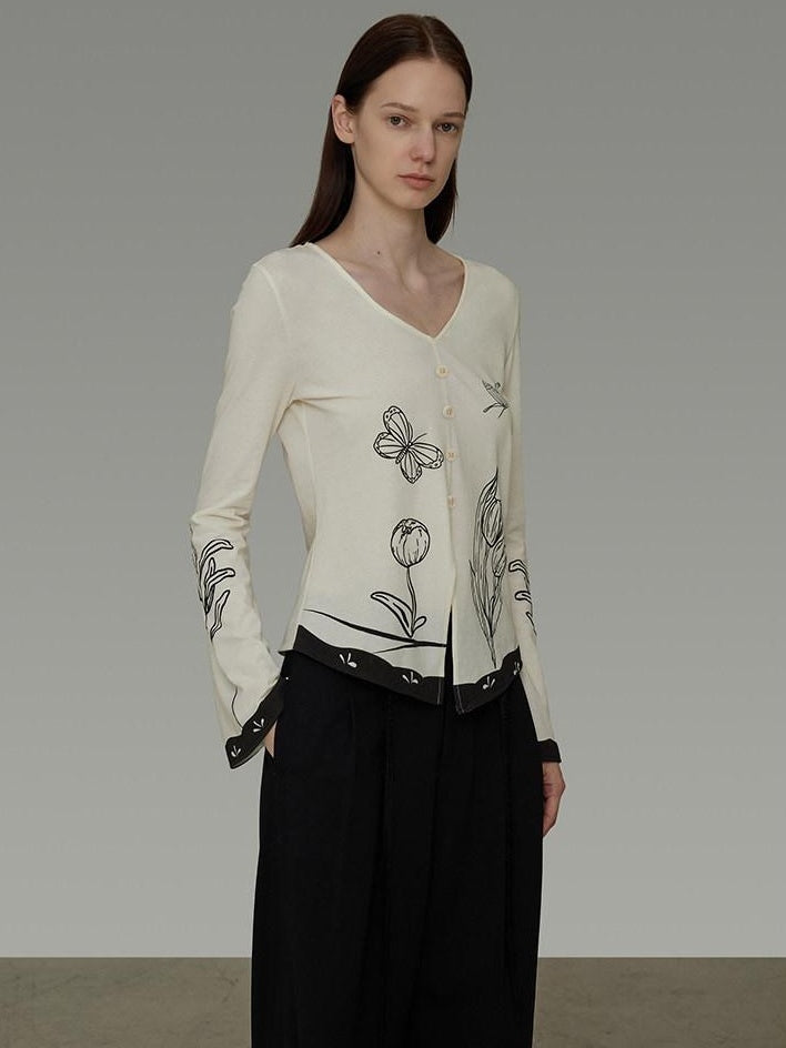 unspoken Soft Cotton Blend Relaxed Fit Floral Print V-neck Long Sleeve Women Blouses