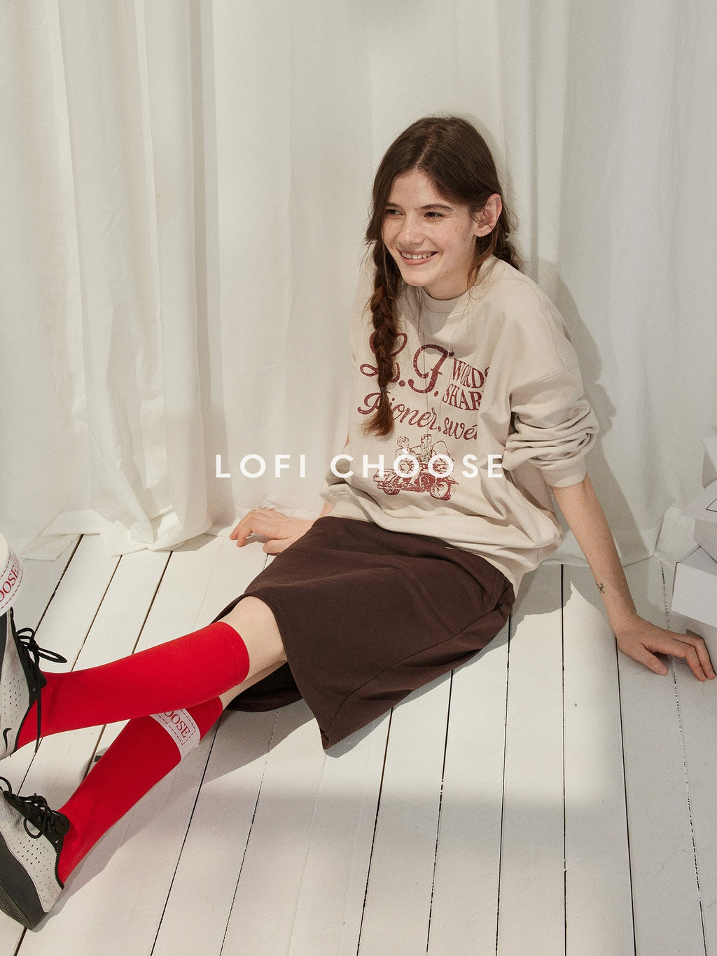 Lofi choose Cozy Oversized Crewneck Long Sleeve Commuter Blue Khaki Sweatshirt