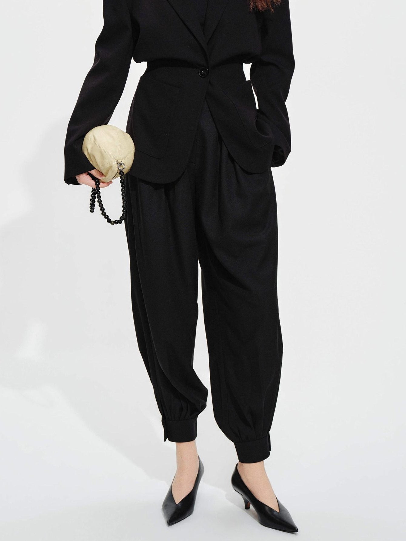 audreyyang High Stretch Elastic Waist Tapered Casual Women Black Polyester Sweatpants