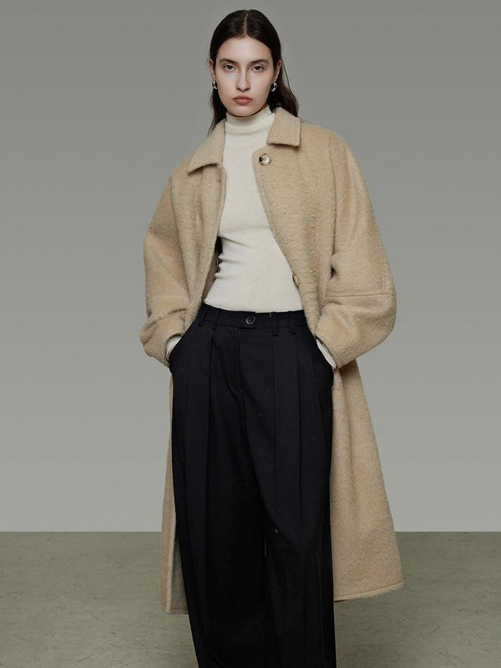 unspoken Thick Minimalist Loose Fit Structured Cut Office Light Camel Long Coats