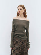 someonesometimes Soft Acrylic Wool Nylon Blend Slim Fit Printed Boat Neck Women Mud Green Sweater