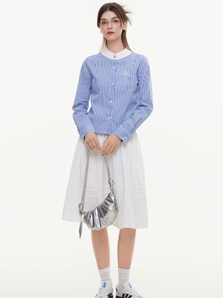 ikyou Breathable Cottonblend Slim Fit Embroidered Stripe Round Neck Women Tops Blouses