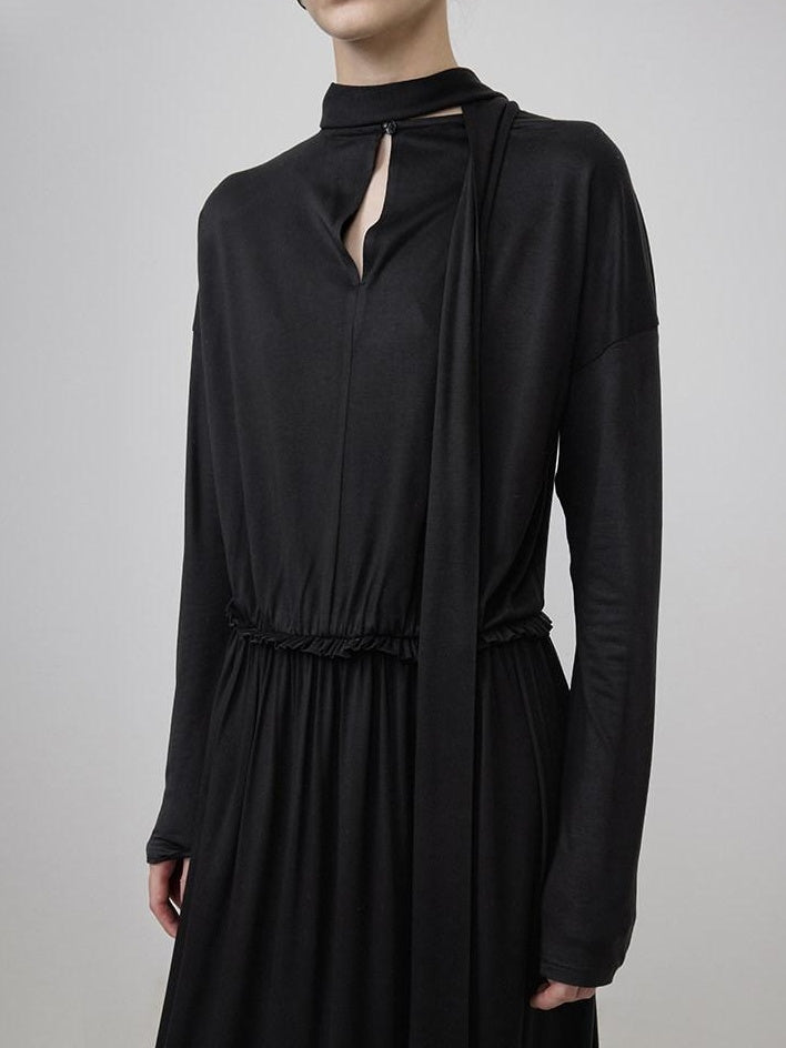 unspoken Minimal Office Pleated Round Neck Elastic Waist Long Sleeve Black Maxi Dresses