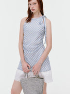 fano Soft Cotton Blend Halter Plaid Korean Office Hline Square Neck Midi Dresses