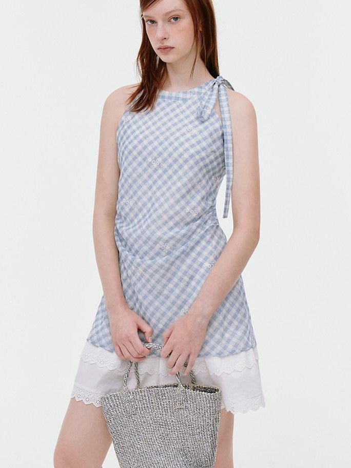 fano Soft Cotton Blend Halter Plaid Korean Office Hline Square Neck Midi Dresses