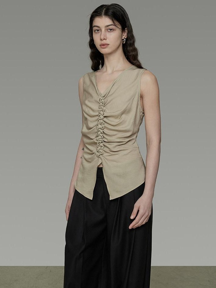 unspoken Ruched Soft Viscose Loose Workwear Women Khaki Solid Off Shoulder Crop Tops