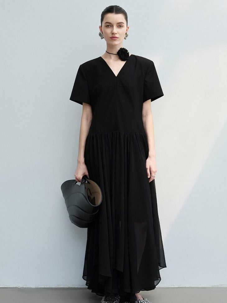 audreyyang Refined Solid V-neck Natural Waist Short Sleeve Casual Polyester Maxi Dresses