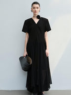 audreyyang Refined Solid V-neck Natural Waist Short Sleeve Casual Polyester Maxi Dresses