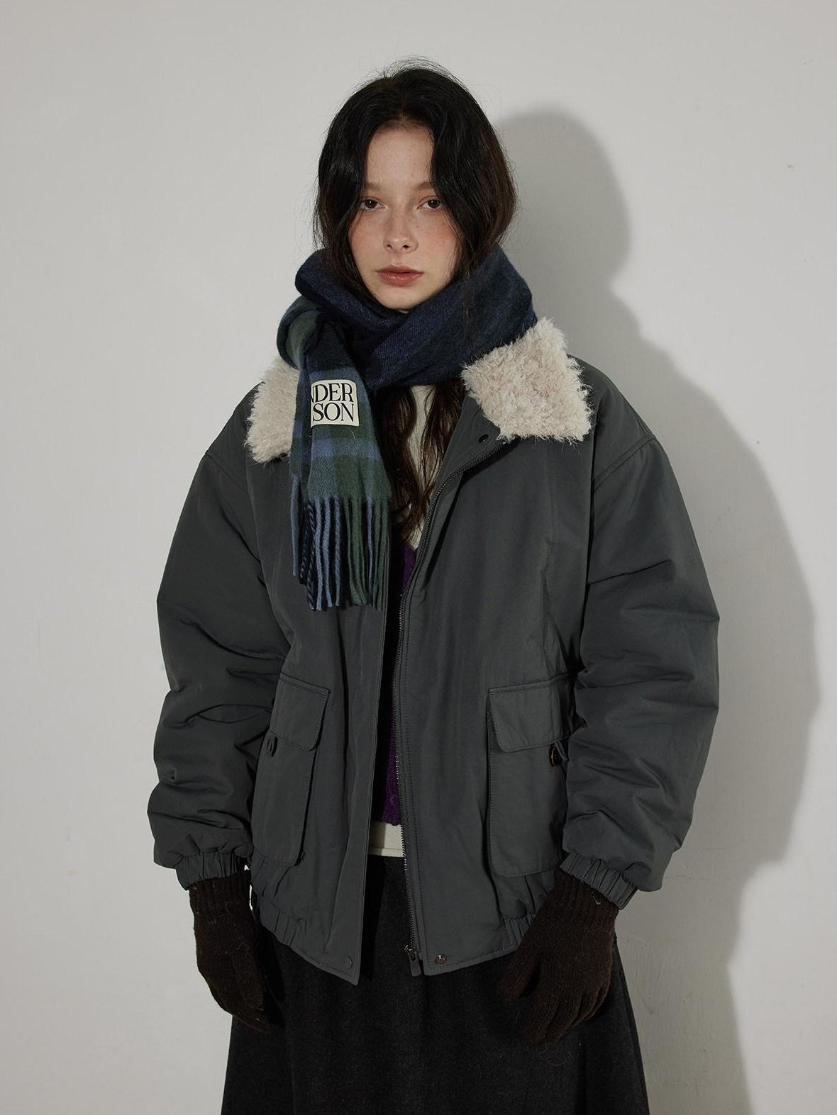 Lofi choose Warm Thick Loose Fit Commuter Zipper Long Sleeve Green Haze Gray Bomber Jackets