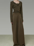 unspoken High Waist Breathable Tailored Loose Solid Brown Green Women Wide Leg Pants