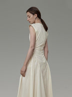 unspoken Pleated High Waist Minimal H Silhouette U Neck Sleeveless Office Maxi Dresses