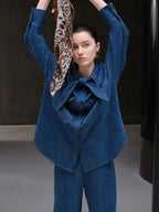 audreyyang Vintage Bow Loose Fit Cotton Lapel Patch Pocket Casual Women Denim Jackets