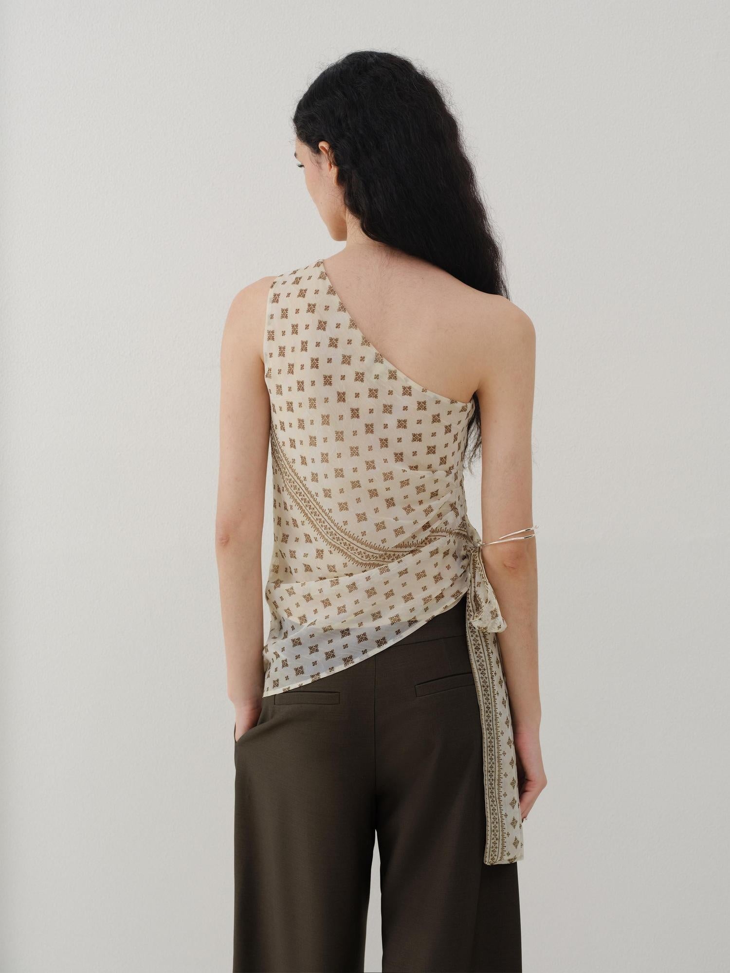 someonesometimes Ruched Asymmetrical Tie One Shoulder Workwear Floral Polyester Beige Tube Tops