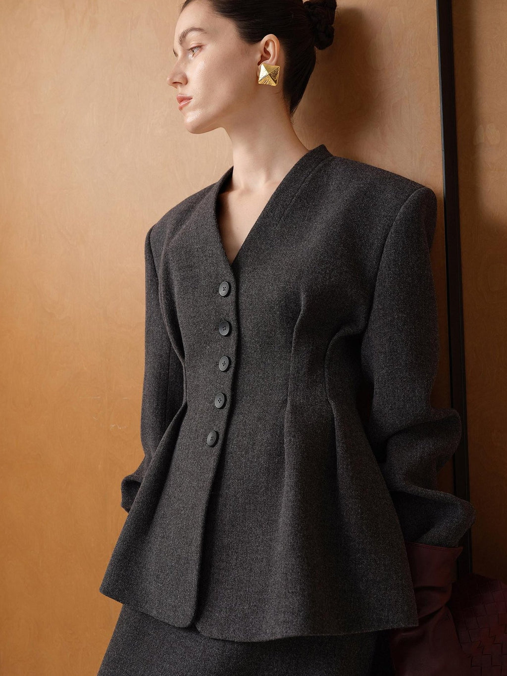 audreyyang Waist Cinch Slim Casual V-neck Single Breasted Women Office Black Wool Coats