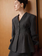 audreyyang Waist Cinch Slim Casual V-neck Single Breasted Women Office Black Wool Coats