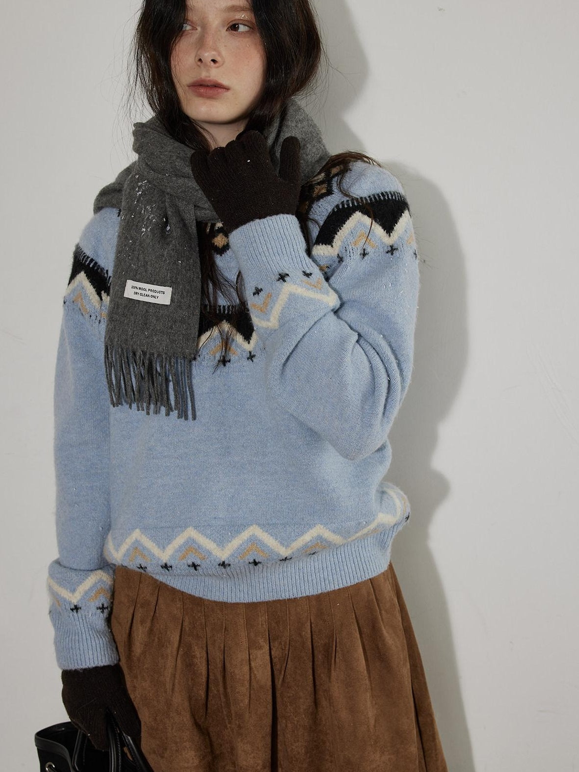 Lofi choose Soft Wool Blend Loose Fit Commuter Crewneck Pullover Blue Knit Tops Sweaters