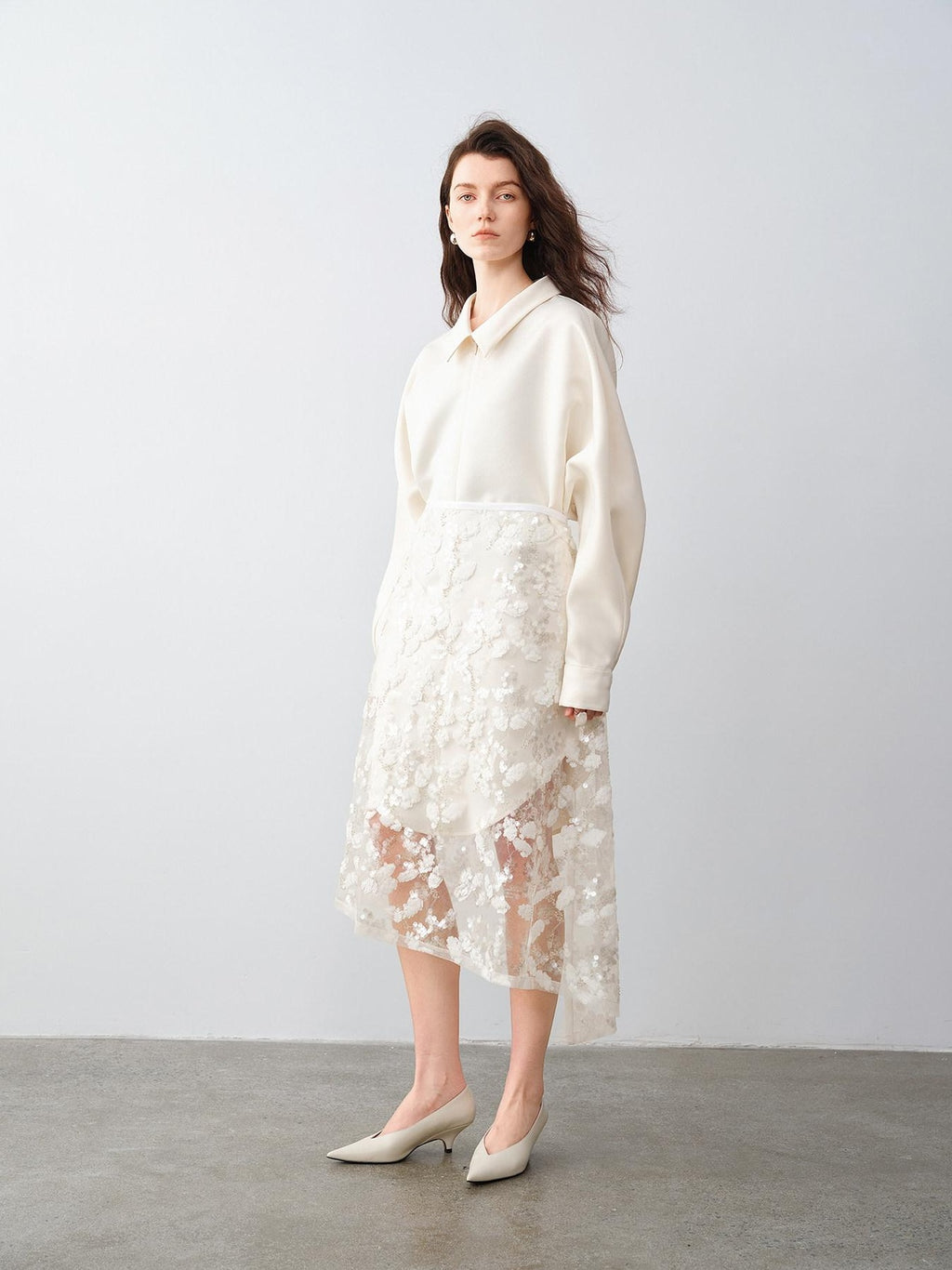 audreyyang Shimmering Sequin Lace Asymmetrical Mid Rise Tie Waist Women White Midi Skirts