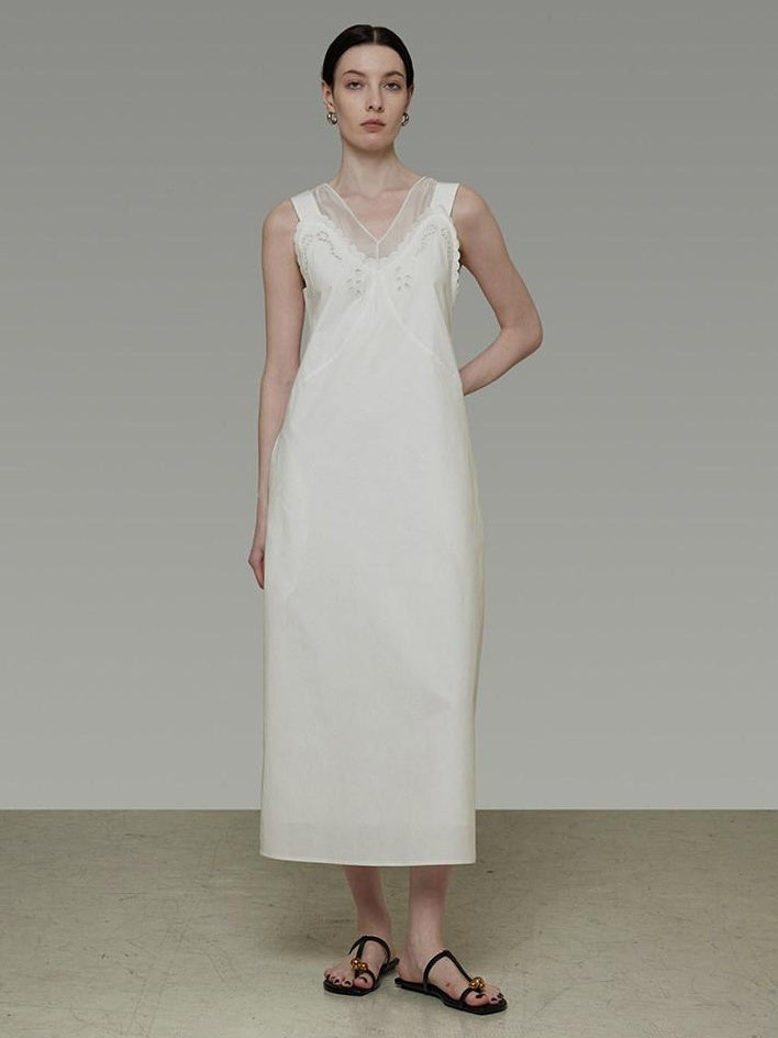 unspoken Soft 100 Percent Cotton Crochet V-neck Sleeveless Office White Maxi Dresses