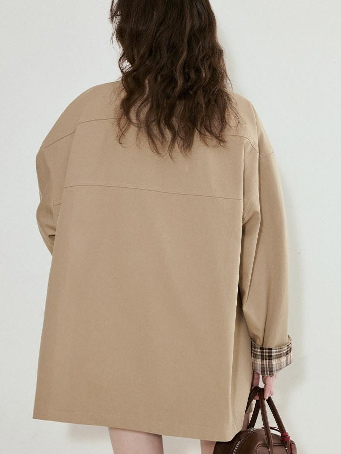 fano Khaki Loose Fit Single Breasted Mid Length Korean Casual Women Trench Coats
