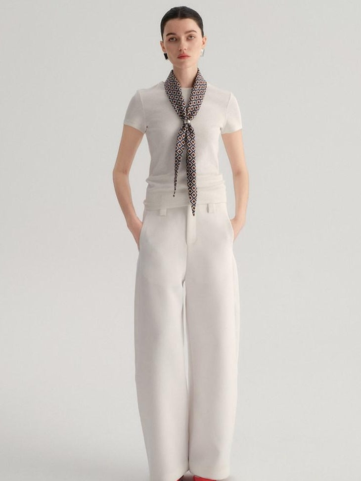 audreyyang Smart Office Natural Waist Zip Fly Polyester Blend Black White Straight Pants