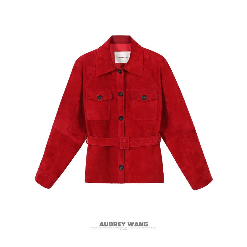 audreyyang_Premium_Lambskin_Loose_Fit_Lapel_Button_Women_Chinese_Red_Cropped_Jackets_MISSTT